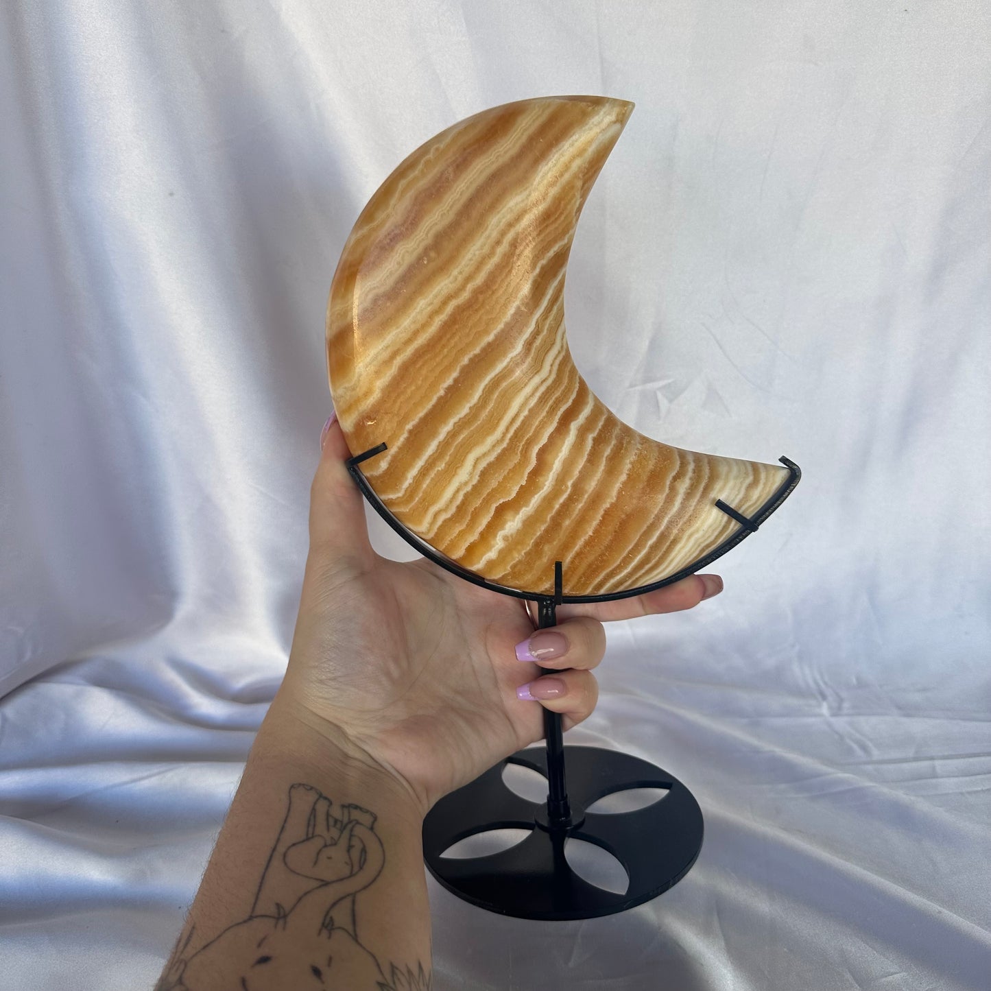 Orange calcite XXL moon on stand