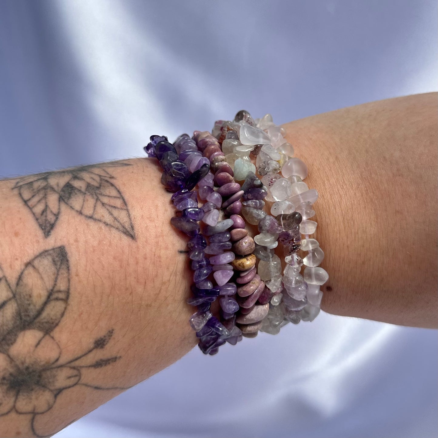 Purple chip bracelet stack