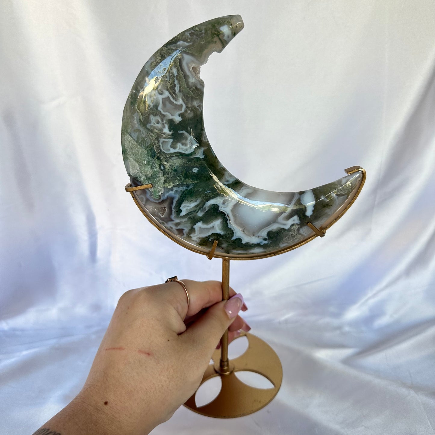 Moss agate moon on stand #365