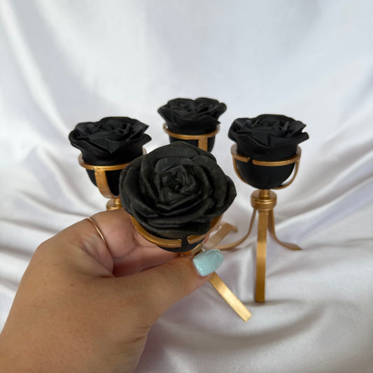 Black obsidian rose on spinning stand