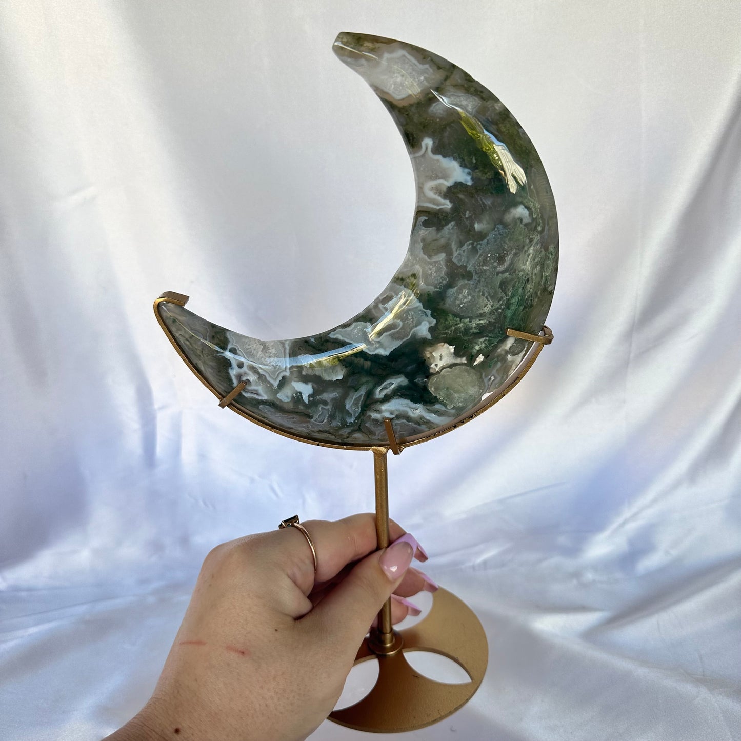 Moss agate moon on stand #364