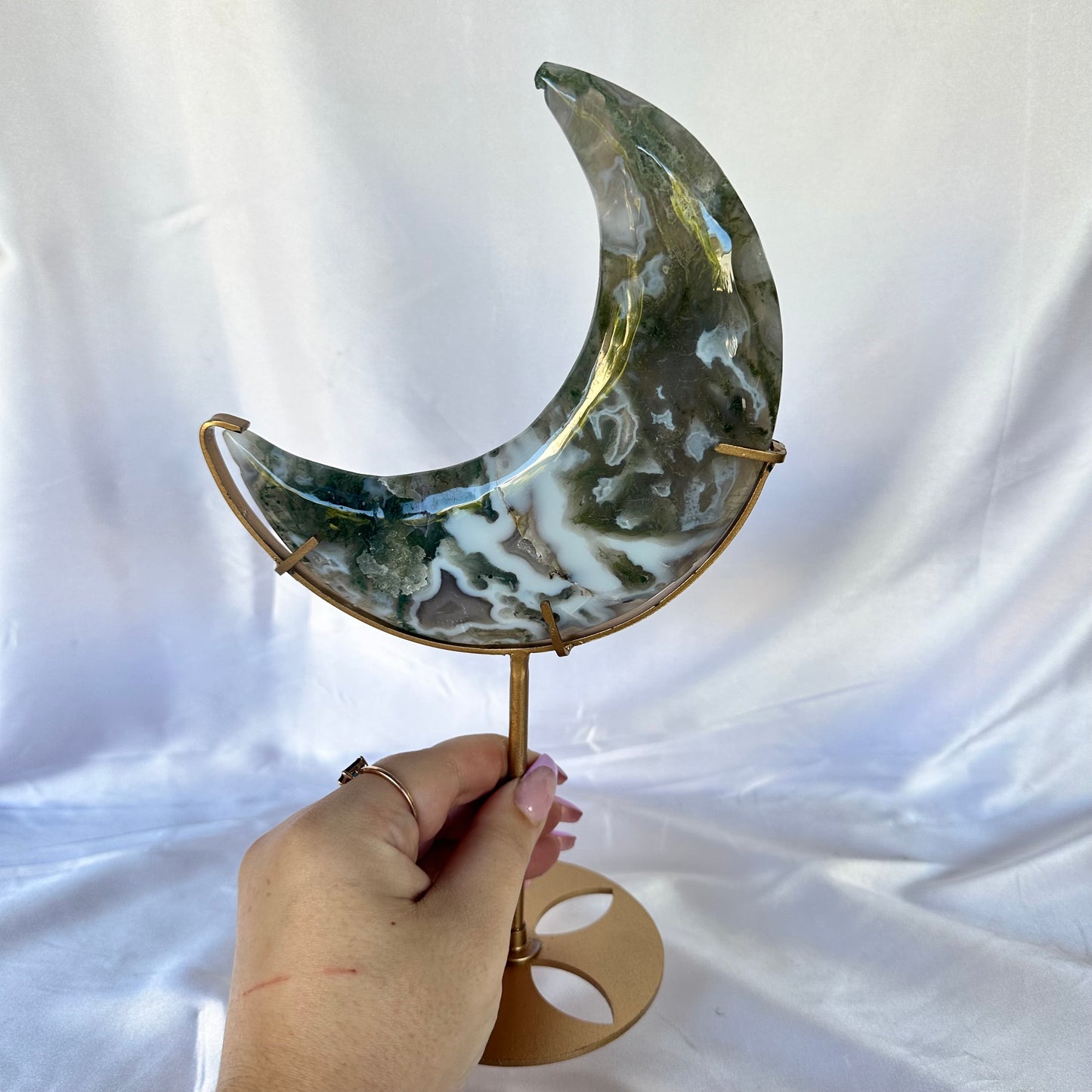 Moss agate moon on stand #370
