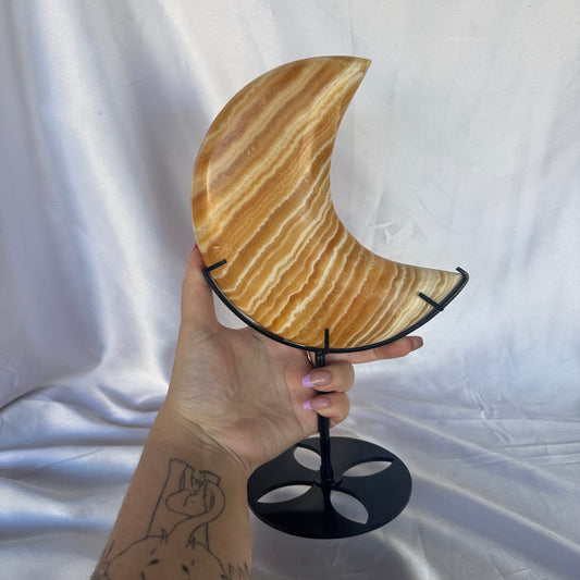Orange calcite XXL moon on stand