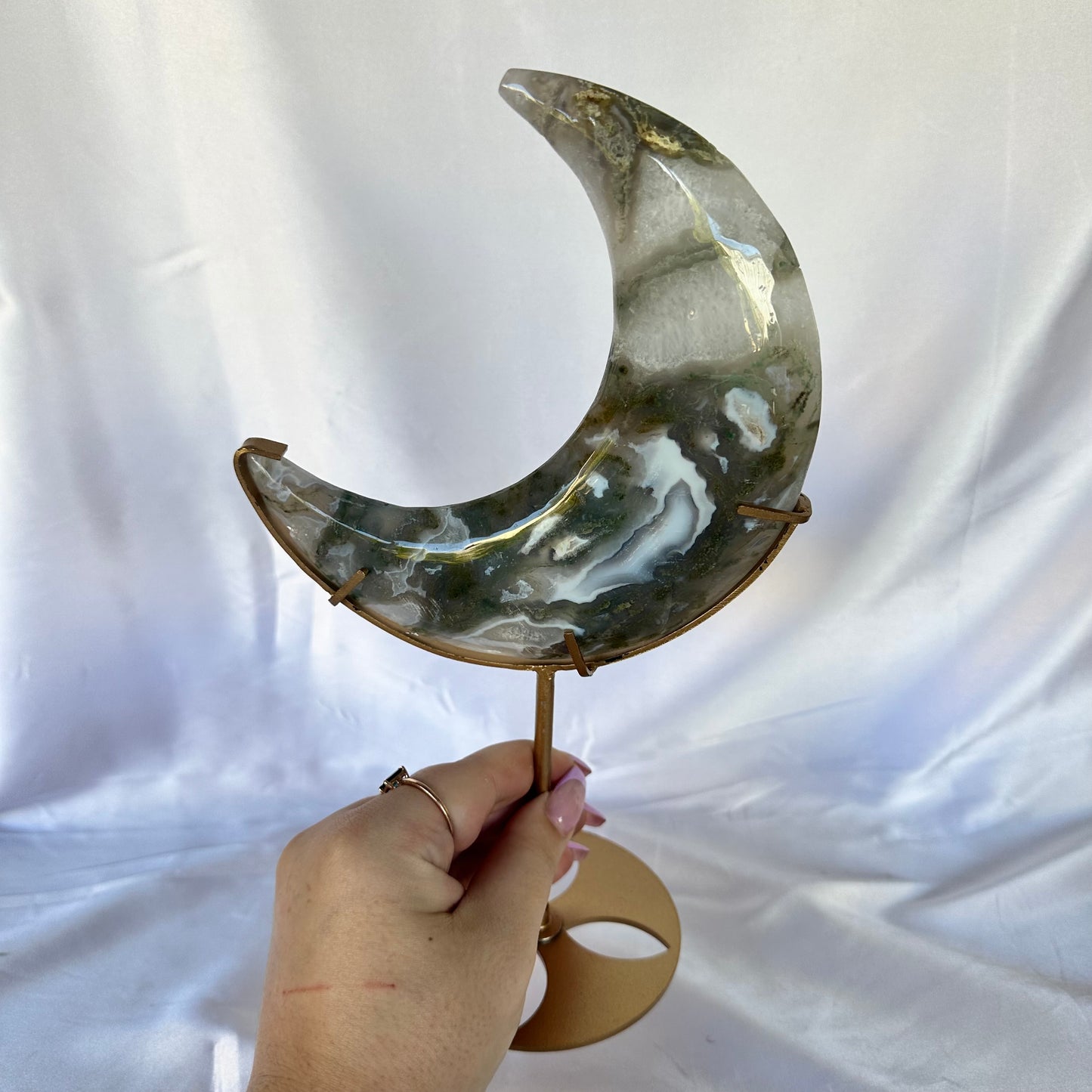 Moss agate moon on stand #375