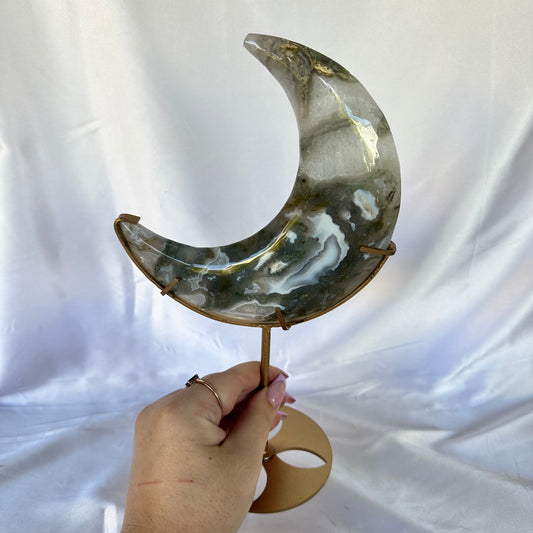 Moss agate moon on stand #375