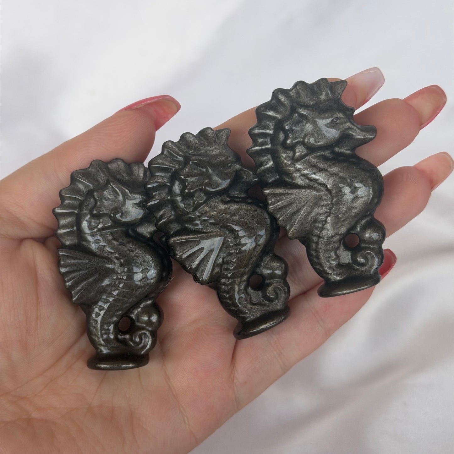 Silversheen obsidian seahorse